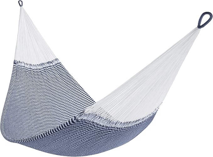 Handwoven Hammock by Yellow Leaf Hammocks - Family Size, Fits 2+ PPL, 550lb max - Weathersafe, Super Strong, Easy to Hang, Ultra Soft, Artisan Made - Color: Stripe Navy Blue - White