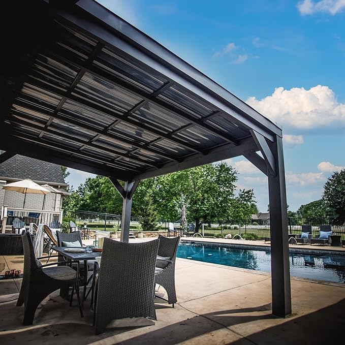 Backyard Discovery Stonebridge 12' x 9.5' Galvanized Steel Outdoor Gazebo Pavilion with Hardtop Slope Roof, Snow Load Support, Wind Resistance, PowerPort, Shade for Garden, Patio, Deck, Entertaining