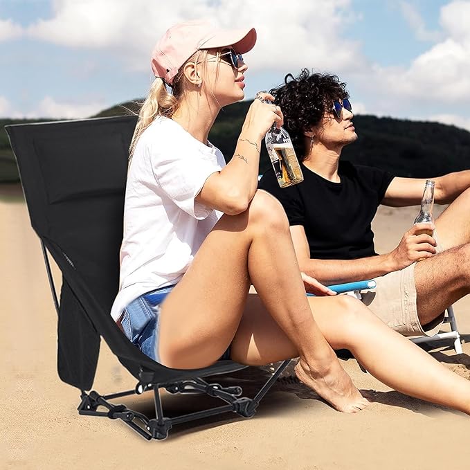 Upgraded Camping Chair, Oversized High Back Low Beach Chair, Lightweight Folding Backpacking Portable Compact Picnic Chair, Black