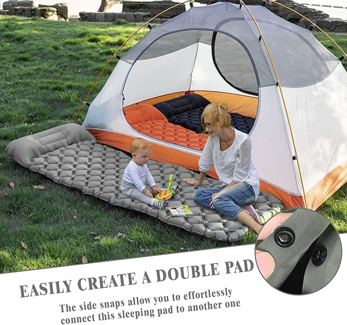 MEI&CO Lightweight Convertible Double Inflatable Camping Pad – 2-in-1 Single Pads Built-in Pillow – Quick Inflate Foot Pump, 660lb Capacity – Perfect for Couples & Family Adventures (2, Gray)