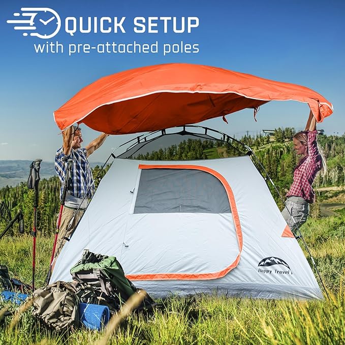 Happy Travel Camping Tent, 4/6 Person Dome Tents for Camping with Rainfly, Waterproof Clip Easy Setup Portable Family Tent with Mesh Windows, 20% More Headroom Backpacking Tents for Camping & Hiking