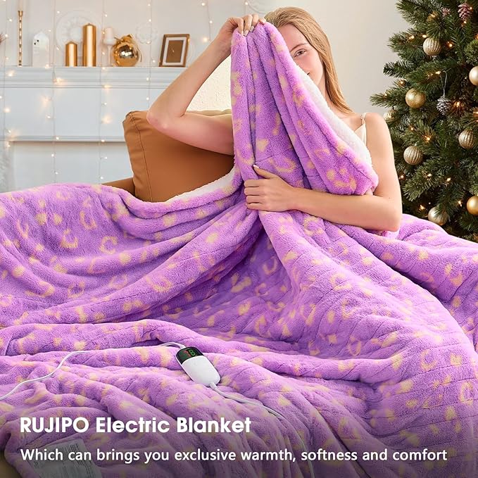 Leopard Print Electric Heated Blanket Queen Size,84X90 Purple Heating Blanket Queen With Dual Control&Timer&10 Heat Levels,Cute Leopard Fleece Sherpa Blankets Warmer Gifts for Bed Women Adults,ETL