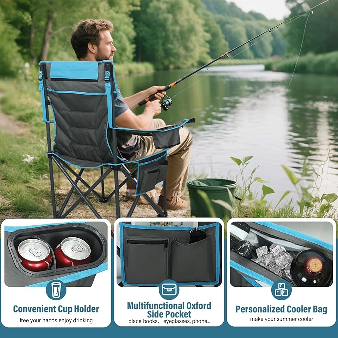 Oversized High-Back Camping Chairs with Pillow, Dual Cup Holders & Cooler Bag - Heavy Duty Foldable Outdoor Chair for Adults, Picnic, Fishing, Backyard, Sports (2, Bluegrey)