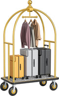 Hotel Luggage Cart, Brushed Stainless Steel Finish Bellman's Cart, Valet Cart with Grey Carpeted Deck and 8‘’ Rubber Wheels, Ideal for Hotels, Condos, Resorts, 1300Lbs Load (Gold, 42''L x 74''H)