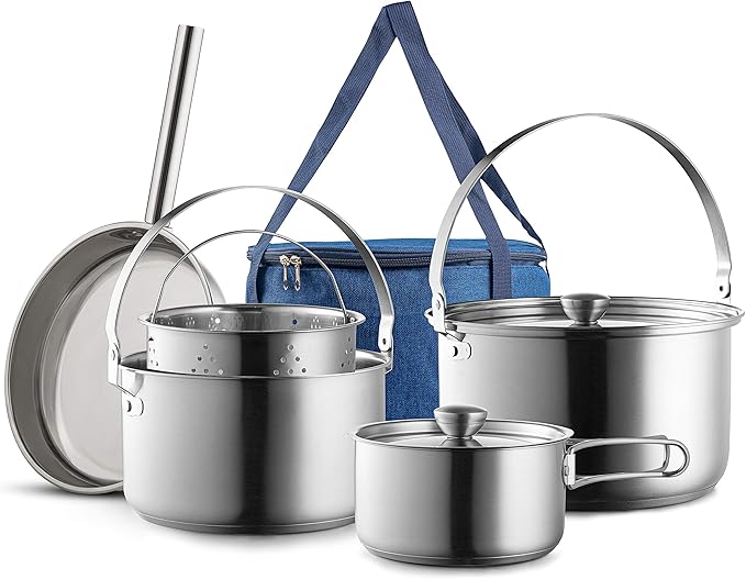 Camping Cookware Set 304 Stainless Steel 8-Piece Pots & Pans Open Fire Cooking Kit | Frying Pan Steamer with Travel Tote Bag | Compact For Outdoors & Indoors Kitchen Family Campfire Hiking RV
