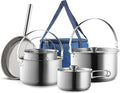 Camping Cookware Set 304 Stainless Steel 8-Piece Pots & Pans Open Fire Cooking Kit | Frying Pan Steamer with Travel Tote Bag | Compact For Outdoors & Indoors Kitchen Family Campfire Hiking RV