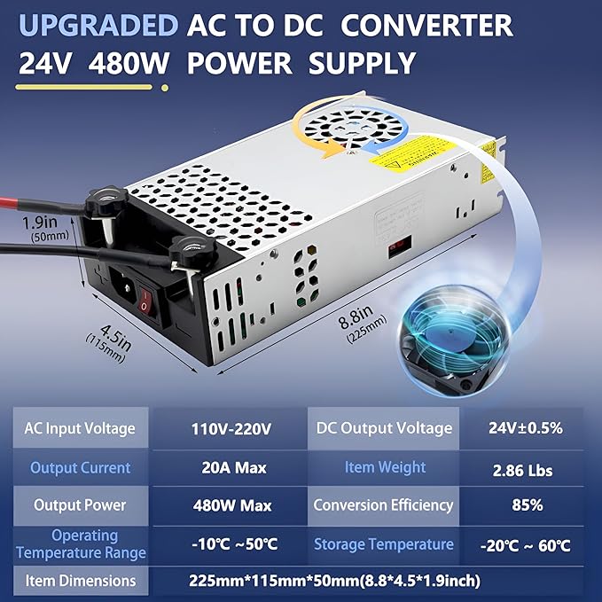 New Upgraded DIY SMPS 110V 230V AC to DC 24V 20A 480W Power Supply Adapter,Converter Power Supply,DC 24V Voltage Transformer for Motor Pump CCTV 3D Printer Air Compressor Led (24V-20A-480W, 24V)