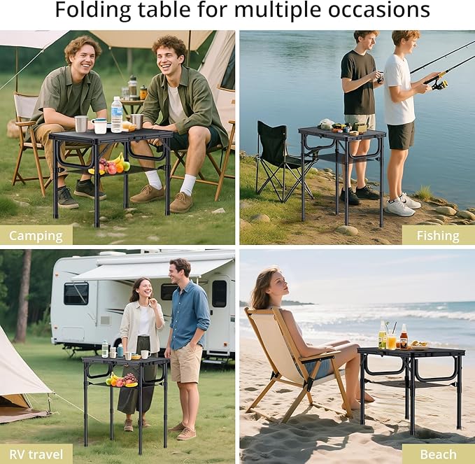 Folding Camping Table with Storage Net, Pure Black Aluminum 2ft Picnic Table 23.2" x 16" Outdoor Table Adjustable Height Max 27.5", Lightweight, Waterproof, Portable Handle for Travel Cooking
