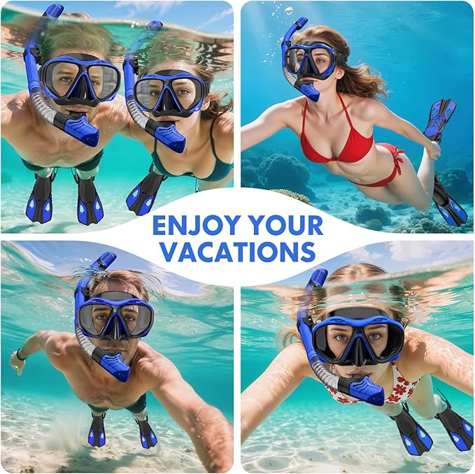 Snorkeling Gear for Adults Men Women, 3 in 1 Snorkel Set with Panoramic View Diving Mask Anti-Fog Anti-Leak, Snorkel Mask Dry Top Snorkel Fins for Swimming, Snorkeling and Travel Diving