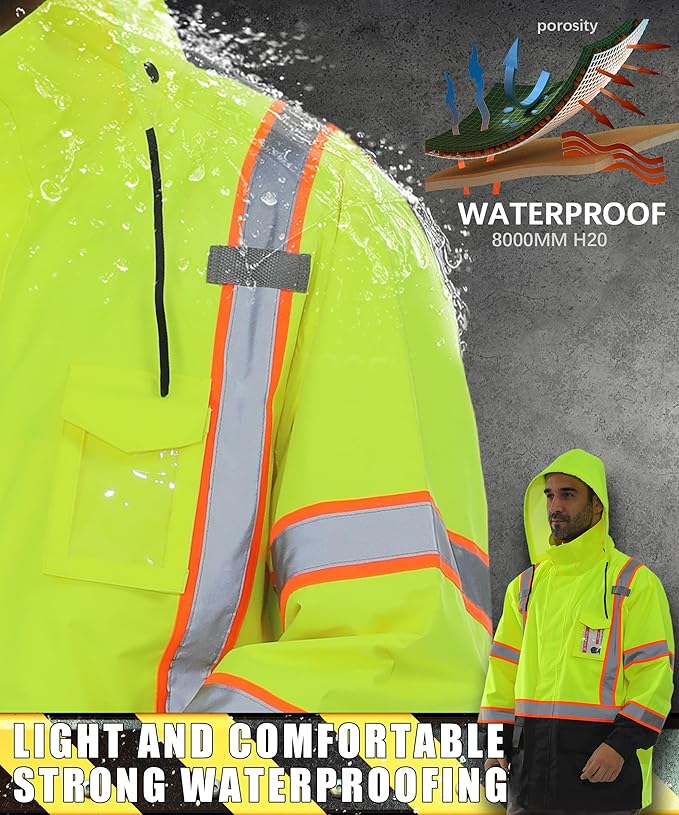 Hi Vis Safety Rain Jacket for Men Women Waterproof Breathable Rain Gears with Mesh Lining Black Bottom Lightweight Work Jacket (4XL/5XL)