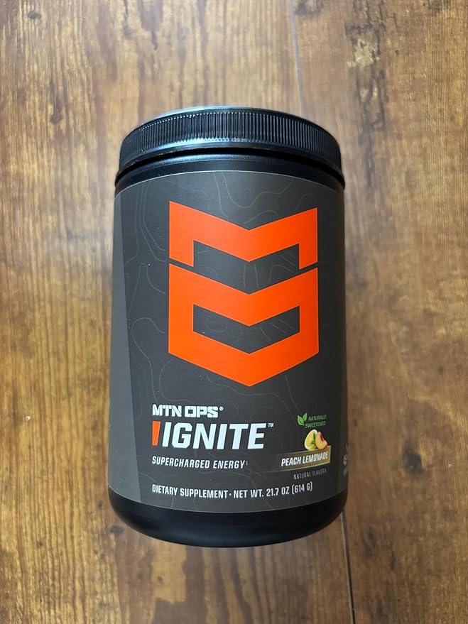 MTN OPS Ignite Energy Drink Powder, Naturally Gluten Free & Sweetened with Monk Fruit, Nitric Oxide Supplement Drink Mix, Caffeine & Nootropic Sugar Free Drink Mix, 45 Servings, Peach Lemonade