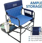 Camping Folding Chairs for Outside, Foldable Camp Chairs for Adults Heavy Duty, Oversized Directors Camping Chair with Table for Picnic, Lawn Large Comfy Camping Chair, 350 LBS Capacity, Blue