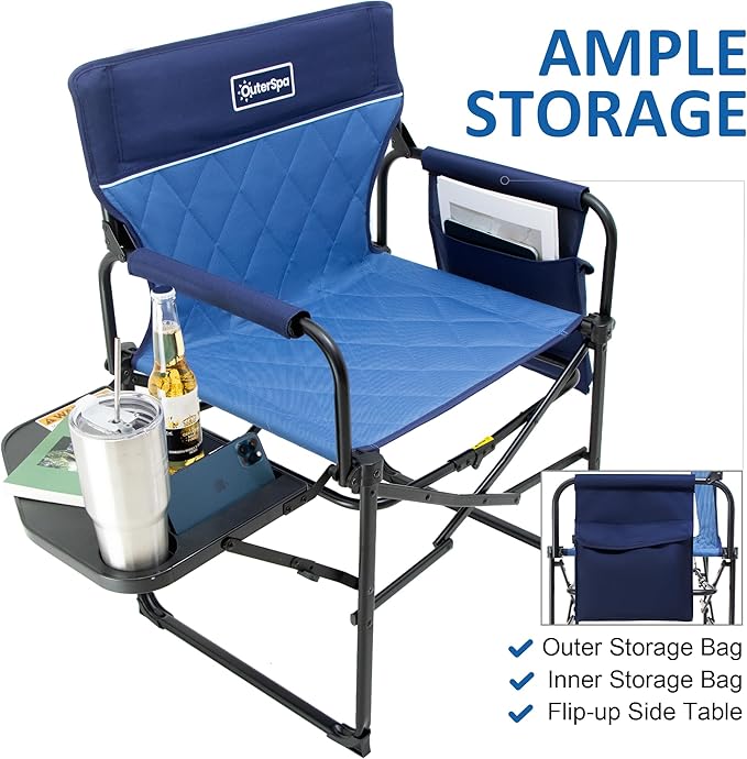 Camping Folding Chairs for Outside, Foldable Camp Chairs for Adults Heavy Duty, Oversized Directors Camping Chair with Table for Picnic, Lawn Large Comfy Camping Chair, 350 LBS Capacity, Blue