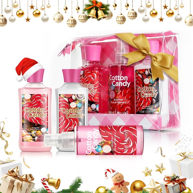 Bath and Body Gift Set, Cotton Candy Scented, 3-Piece Travel Size Collection, Shower Gel, Body Lotion, Body Mist, 3 Fl Oz Each (Cotton Candy)