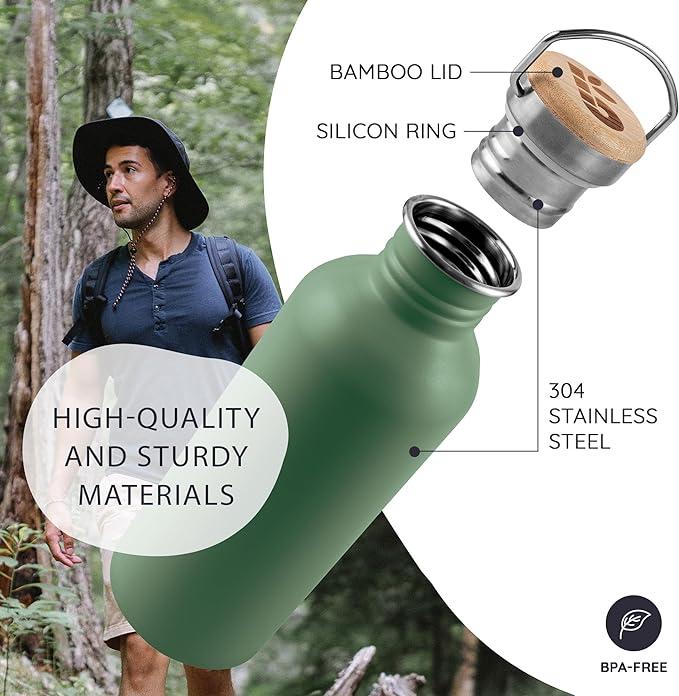 Bambaw Stainless Steel Water Bottle - Non-Insulated, Reusable Metal Sports Bottle, Sage Green/Grey