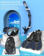 Snorkeling Gear for Adults Men Women,4 in 1 Snorkel Set with Panoramic View Diving Mask Anti-Fog Anti-Leak,Dry Top Snorkel,Fins and Travel Bag for Swimming,Snorkeling and Travel Diving