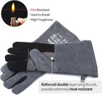 RAPICCA Fireplace Gloves Fire Heat Resistant: Grey 16IN 662℉- Fireproof Leather for Fireplace Fire pit Wood stove Campfire Furnace BBQ Grill Oven Stick Mig Welding Welder Gear - Birthday Gift for men