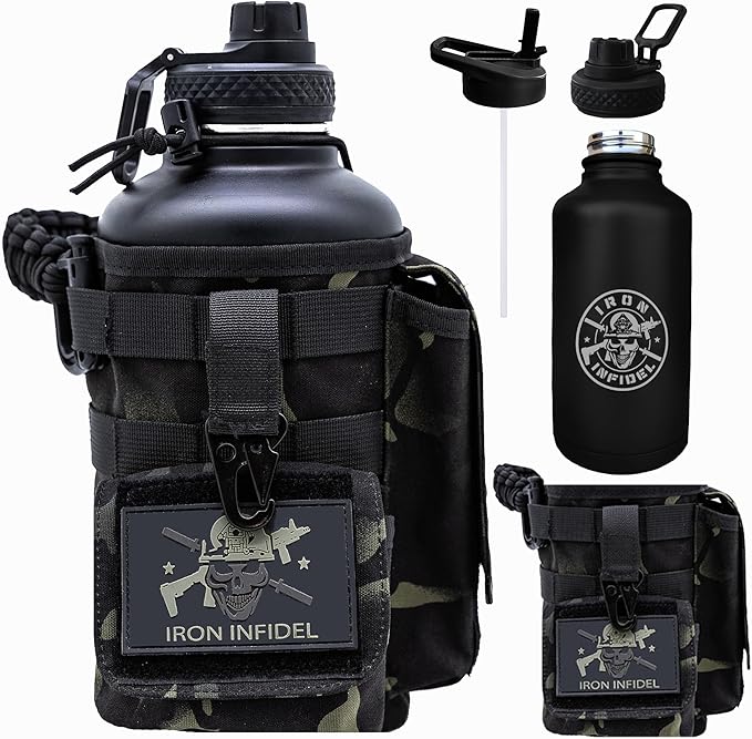 Iron Infidel Battle Bottle - Half Gallon Insulated Water Bottle with Paracord Handle - Large 64 oz Stainless Steel Water Jug & Rugged, Removable Sleeve For Keys, Wallet, Phone (Black Camo 2 Liter)