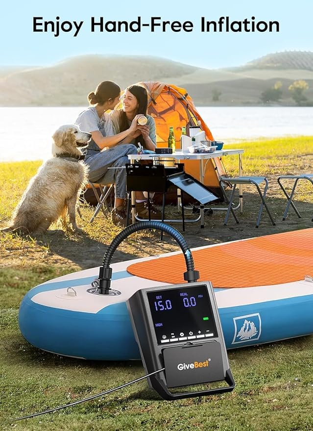 GiveBest Rechargeable Paddle Board Pump, 20 PSI High Pressure and 30% Faster Dual Stage SUP Air Pump with Auto-Off, 3x4500MAH, Inflation and Deflation Function for Paddle Boards, Boats, Kayak and Tent