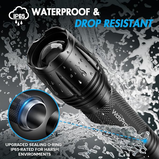 WdtPro LED Flashlight High Lumens SR2000 Pro, 4 Pack Brighter Tactical Flashlights with 5 Modes & Zoomable, Powerful Mini Flash Light for Emergency, Camping, Hiking (Black)