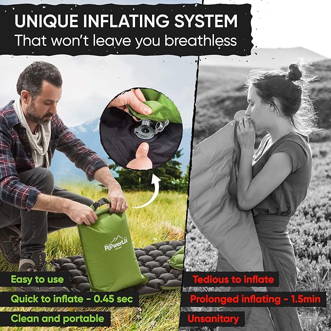 POWERLIX Ultralight Inflatable Camping Sleeping Pad - Camping Mattress Sleeping Mat for Backpacking, Hiking, Compact Lightweight Sleeping Pad for Camping, Inflation Bag/Repair Kit Included