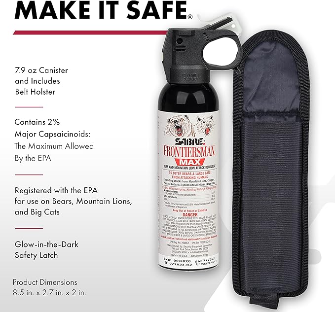 SABRE Frontiersman MAX Bear Spray – 40 ft Range, Maximum Strength, The Only EPA-Registered Spray for Bears & Mountain Lions, 7.9 oz, Glow Safety Clip, Outdoor Hiking & Camping Protection