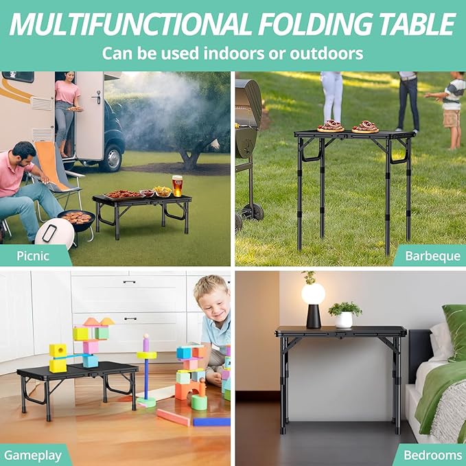 VINTEAM Camping Folding Table with Adjustable Height, Lightweight Portable Outdoor Picnic Table, BBQ Grill Side Table, Durable Aluminum Frame, MDF Desktop for Camping, Fishing, RV, Beach (Black)