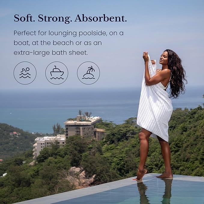 Black & White Brands Brazilian Beach/Pool/Bath Towel - Ultimate Absorbent Luxury XL 36x70 100% Cotton Wave (2 Towels White Poly Pinstripe)