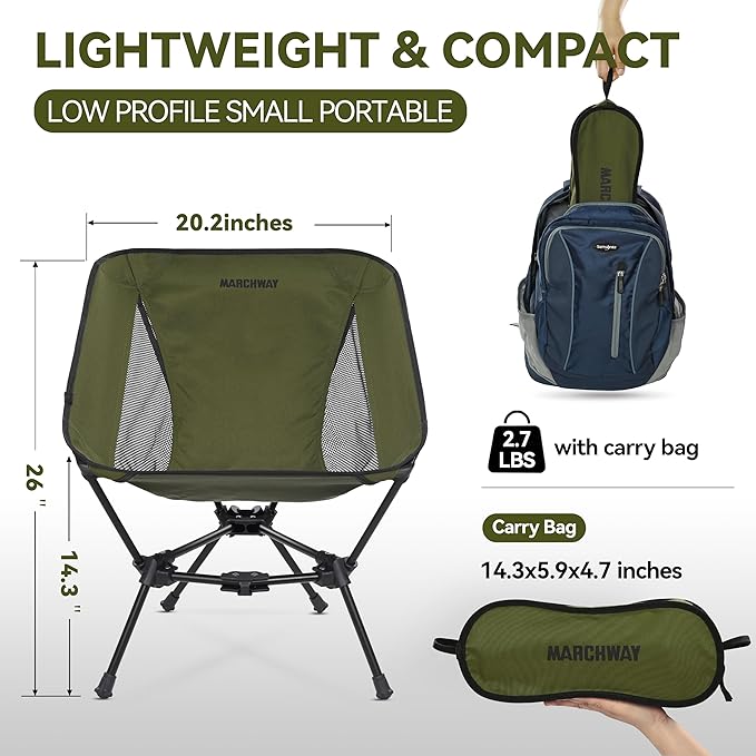 MARCHWAY Lightweight Folding Camping Chair, Portable Foldable Compact for Outdoor Camp, Travel, Beach, Picnic, Festival, Hiking, Backpacking, Supports 330Lbs (Green)