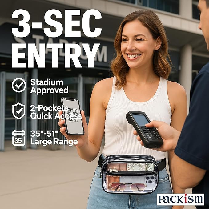 Packism Clear Fanny Pack Stadium Approved - 2-Pack Plus Size 35-51 inches Adjustable Strap Clear Belt Bag for Women Men Transparent Waist Bag for Concerts, Sporting Events, Black