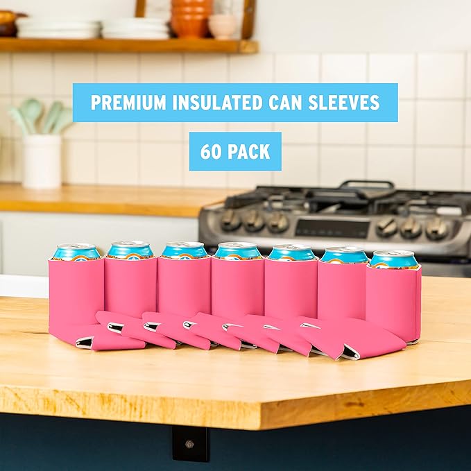 Blank Beer Can Cooler Sleeves (60-Pack) Soft Insulated Beer Can Coolies - HTV Friendly Blank Koolies in Bulk for Beer Cans & Bottles - Coolie Blanks for Vinyl Projects & Wedding Favors (Pink)
