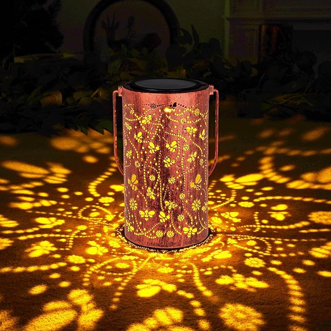 Homemory Bee Solar Lanterns Lights Outdoor Waterproof, Hollowed-Out Metal Decor Lantern, Gifts for Women, LED Solar Lights Metal Decoration Outside for Yard, Patio, Backyard, Porch, Lawn