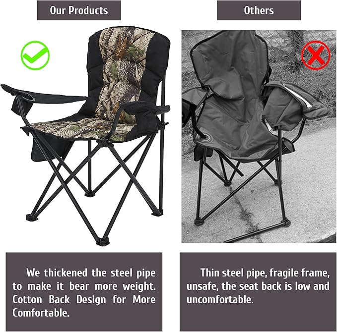 Oversized Camping Chair Folding Heavy Duty Quad Outdoor Large Lawn Chairs Portable Support 400 lbs Padded Thicken Oxford with Armrests, Storage Bag, Cup Holder, Carry Bag for Outside(Camo)