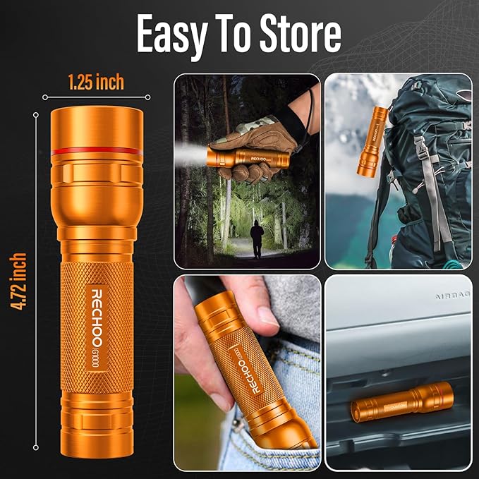 Rechargeable Flashlights High Lumens, G1000 Super Bright Flash Light 2 Pack, Small Zoomable LED Flashlight with 3 Lighting Modes, Portable Flashlight for Camping Essentials (Battery Included)-Orange