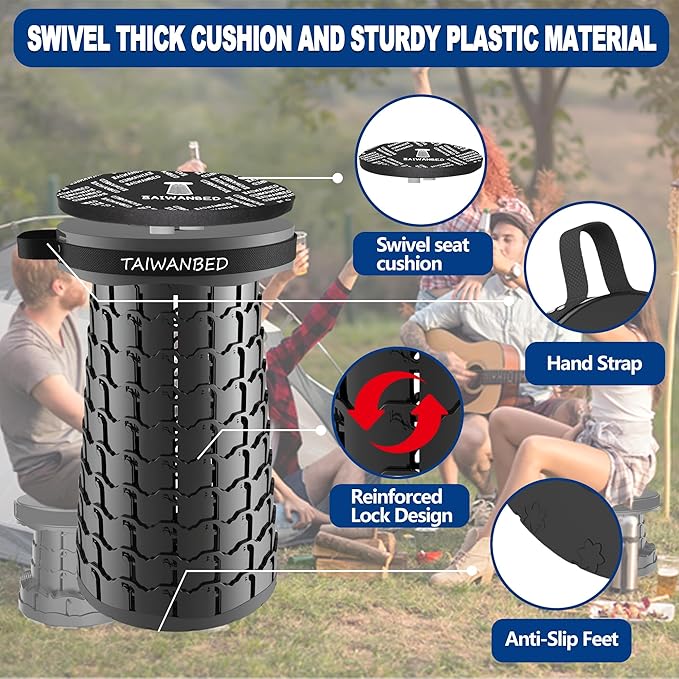 Upgraded XXL Taller 19.7" Wider 11.8" Collapsible Stool with Cushion,Adjustable Seat with Load Capacity 1000lbs, More Taller&Wider Portable Retractable Stool for Adults Camping Fishing Hiking BBQ