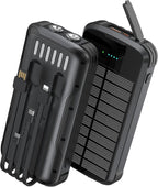 Solar Charger Power Bank, PD 20W Fast Charging External Batter, 40000mAh Portable Phone Charger Built in 4 Cables with Dual Bright Flashlights for Camping, Hiking, and Outdoor Use (Black)