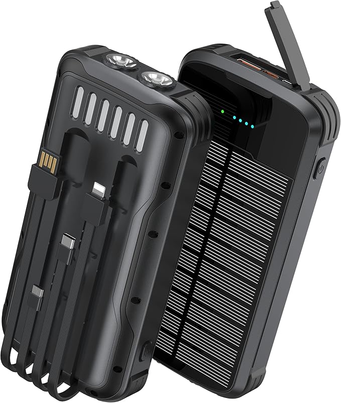 Solar Charger Power Bank, PD 20W Fast Charging External Batter, 40000mAh Portable Phone Charger Built in 4 Cables with Dual Bright Flashlights for Camping, Hiking, and Outdoor Use (Black)