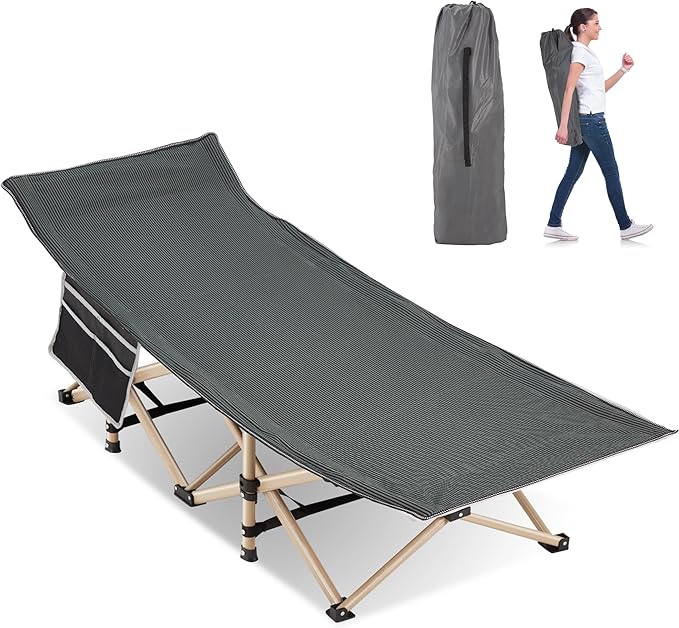 Folding Camping Cot for Sleeping, Portable Cots for Adults, Heavy Duty Cot Bed 550LBS(Max Load), Extra Wider Cots with Large Pocket for Outdoor, Office, Beach