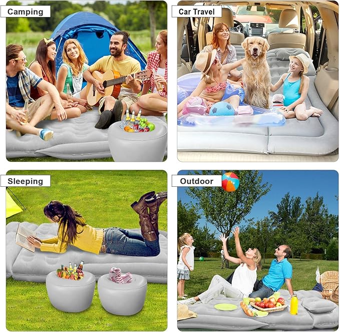 ISWEES Car Bed SUV Air Mattress, Car Air Mattress with Home Power Adapter, Electric Pump, 2 Inflatable Pillows and 2 Footrests for Back Seat, Side Seat,Trunk Sleeping, Thickened Camping Bed - Grey