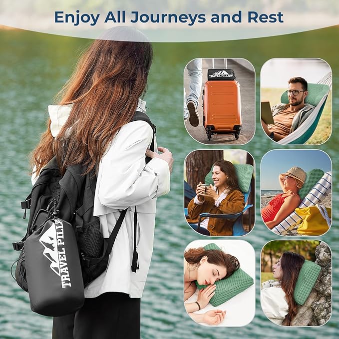 Travel Pillow Memory Foam Pillows, Ergonomic Wave Cervical Neck Pillow for Neck Pain Relief, Compressible Medium Firm Side Sleeper Pillow, Ideal for Camping, Office, Home & Bed (Green, S)