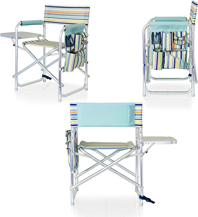 PICNIC TIME Sports Chair with Side Table, Outdoor Foldable Padded Adult Camping Chairs with Cup and Accessory Panel for Lawn, Beach, & Sports Use for Adults, 300-lbs Capacity, (St. Tropez Collection)