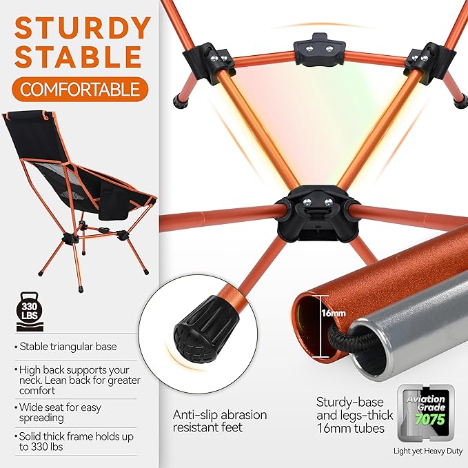 MARCHWAY Lightweight Folding High Back Camping Chair with Head Support, Stable Portable Compact for Outdoor Camp, Travel, Beach, Picnic, Festival, Hiking, Backpacking (Highback Orange)