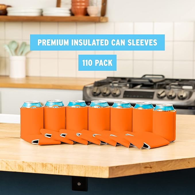 Blank Beer Can Cooler Sleeves (110-Pack) Soft Insulated Beer Can Coolies - HTV Friendly Blank Koolies in Bulk for Cans & Bottles - Coolie Blanks for Vinyl Projects & Wedding Favors (Orange)