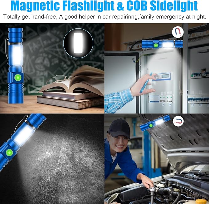 Hoxida Flashlight USB Rechargeable, Magnetic LED Flashlight, Super Bright LED Tactical Flashlight with Cob Sidelight, Waterproof, Zoomable Best Small LED Flashlight for Camping, Emergency - Blue