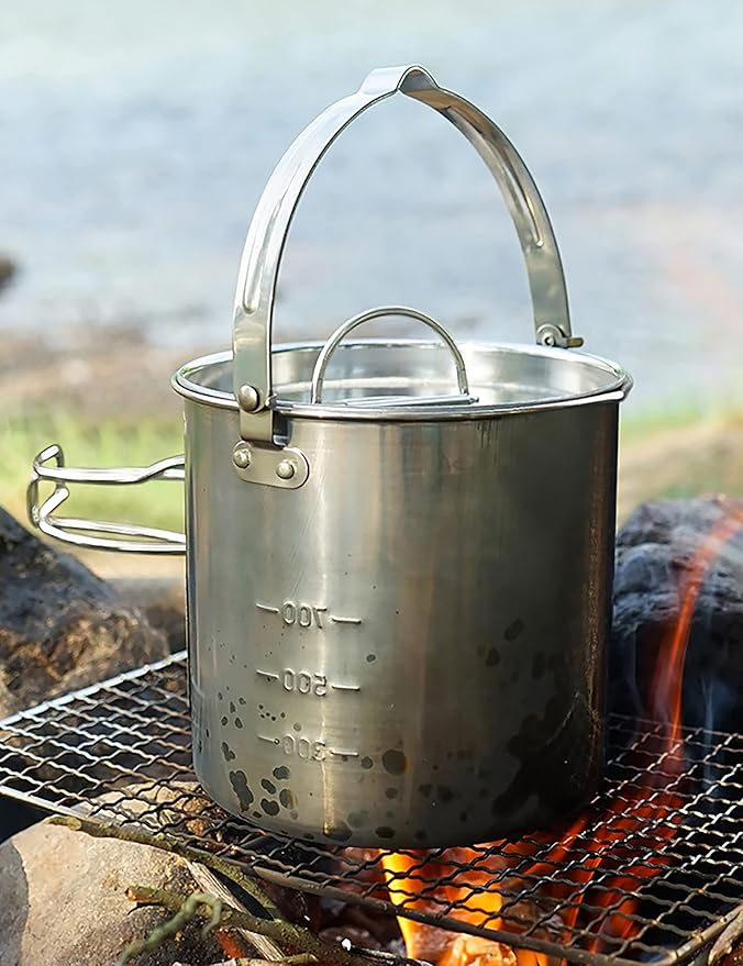 Camping Coffee Kettle and Mugs Set - Stainless Steel Pot with Collapsible Handle and Lid - Boiling Water with Open Fire for Hiking Backpacking Picnic Outdoor - 1.2 L