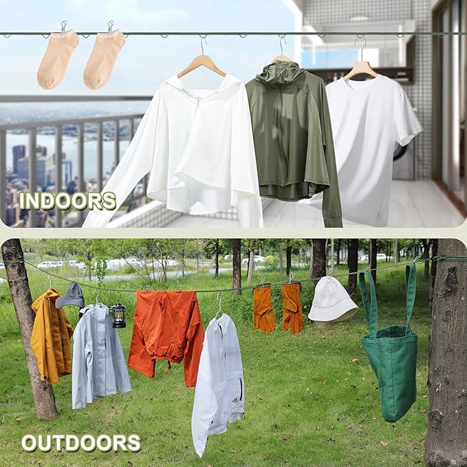 Vigorport Portable Travel Clothesline, Windproof Clothes Line with Hang Hole, Indoor and Outdoor Laundry Line with Clothespins for Hotel, Camping, RV, Cruise Ship (Green, 18.8Ft)