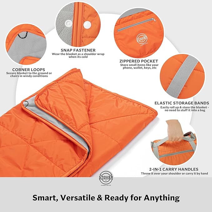 STOVER Waterproof Stadium Blanket – Portable Outdoor Camping Blanket for Travel, Picnics, or Sports – Warm, Windproof, Lightweight, and Packable (Game Day Orange)