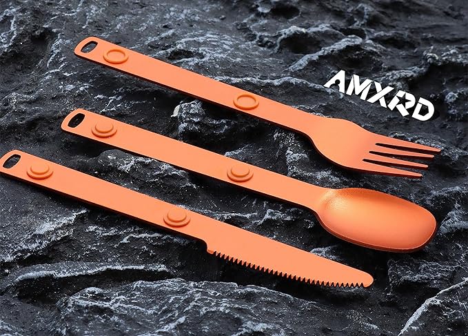 Magnetic Camping Utensils Set, Portable & Reusable Metal Travel Flatware, Camping Cutlery Set, Knife, Fork & Spoon, 3-PACK, Orange