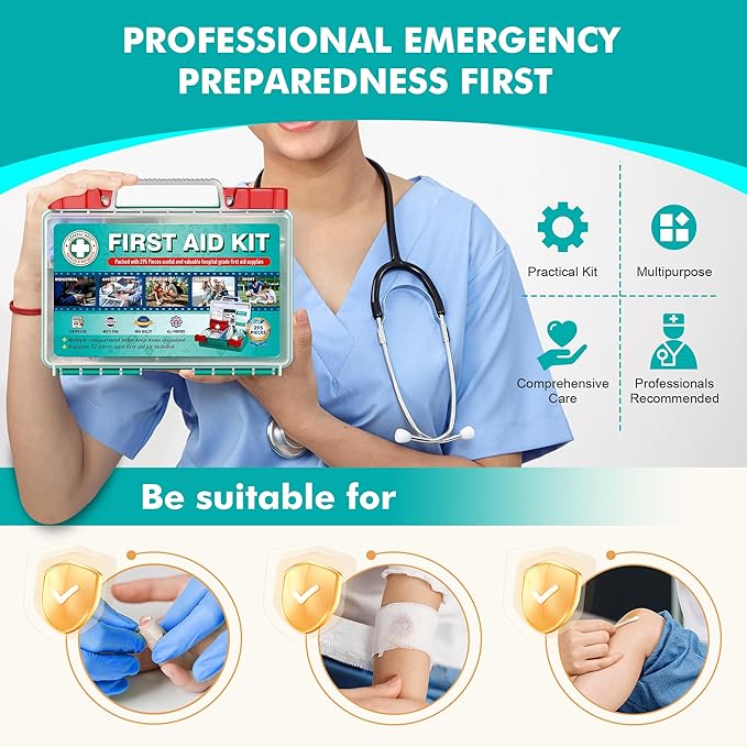 General Medi 295 Pieces Professional First Aid Kit - HardCase First Aid Box - Contains Premium Medical Supplies for Travel, Home, Office, Vehicle, Camping, Workplace & Outdoor