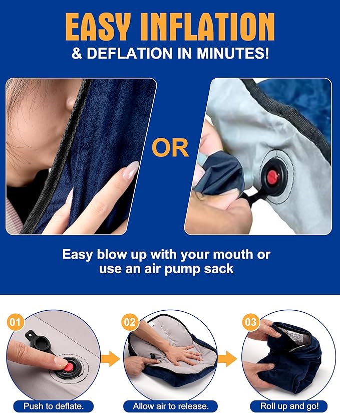 Ultralight Inflatable Camping Pillow for Sleeping – Soft Velvet Cover, Compact & Portable, Ergonomic Neck Support, Machine Washable Air Pillow, Perfect for Travel, Hiking, Backpacking – Blue